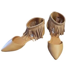 Chelsea & Zoe Pointed Toe Tan Suede Fringe Flats‎